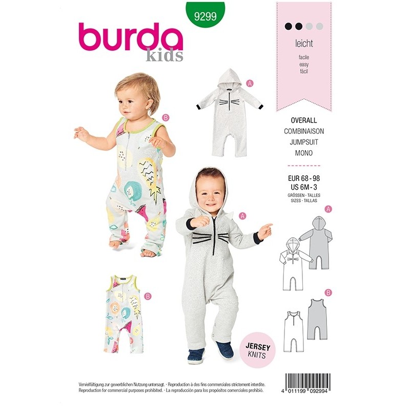Patron Burda 9299 Baby Combinaison - A Capuche - Avec Ou Sans Manches - Fermetur