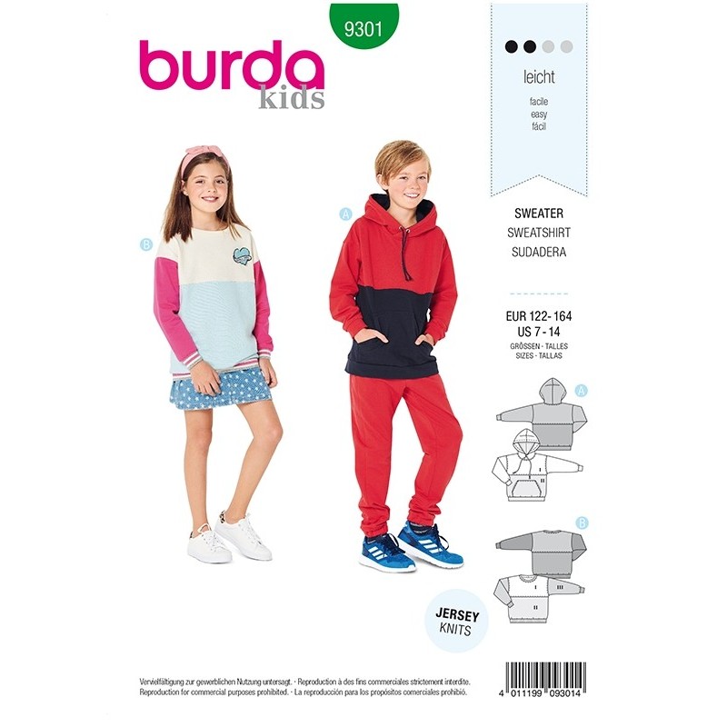 Patron Burda 9301 Kids Sweat-shirt - Hoodie - Tee-shirt A Capuche