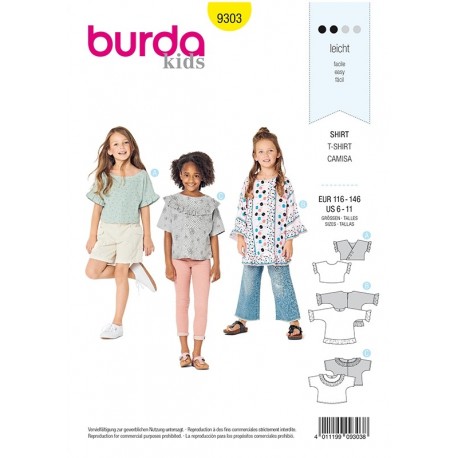 Patron Burda 9303 Kids Tee-shirt A Manches Integrees  - Tunique 