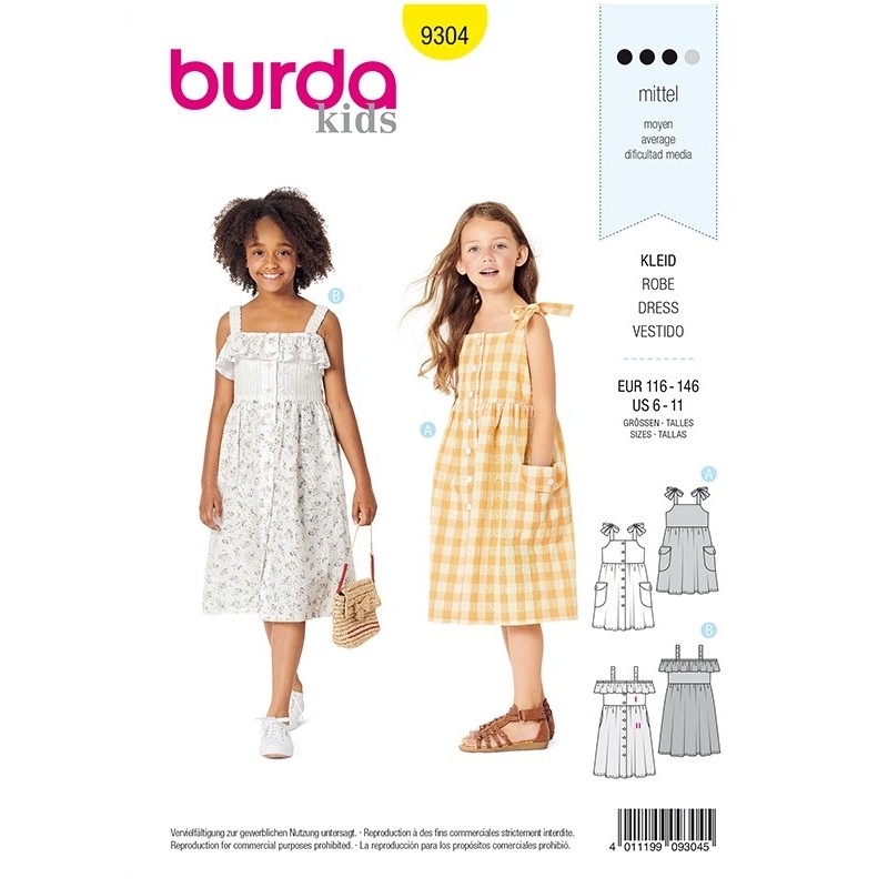 Patron Burda 9304 Kids Robe à Bretelles Boutonnee à L'avant - Jupe Froncée