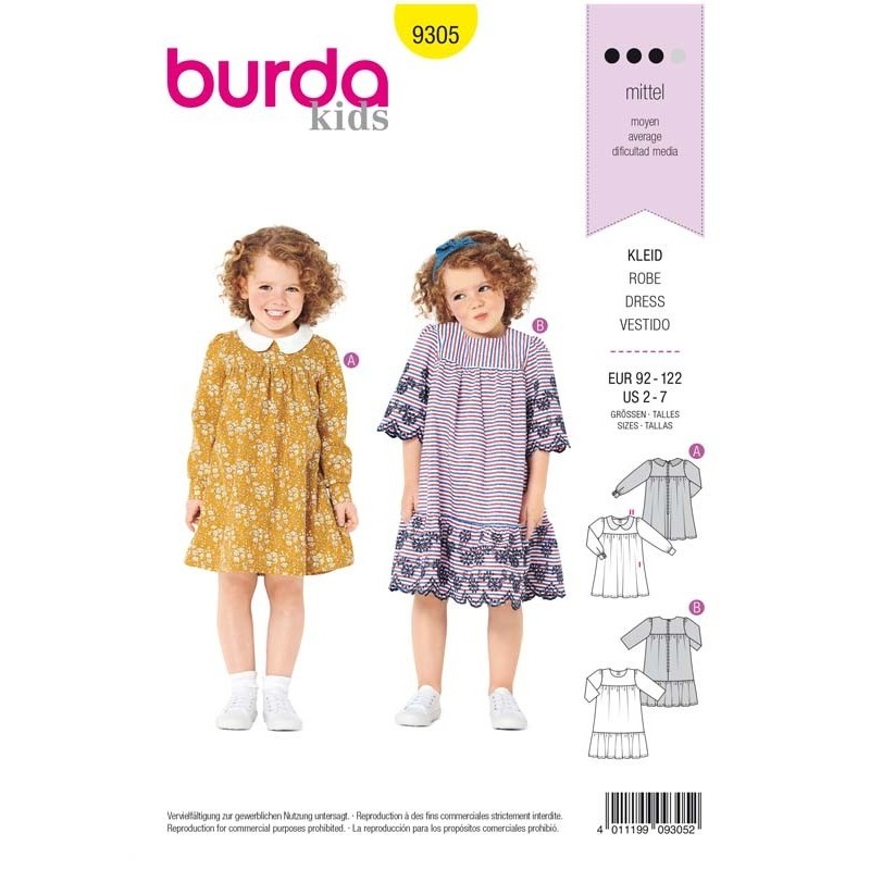 Patron Burda 9305 Kids Robe Avec Empiecement - Col Claudine - Ruche D'ourlet