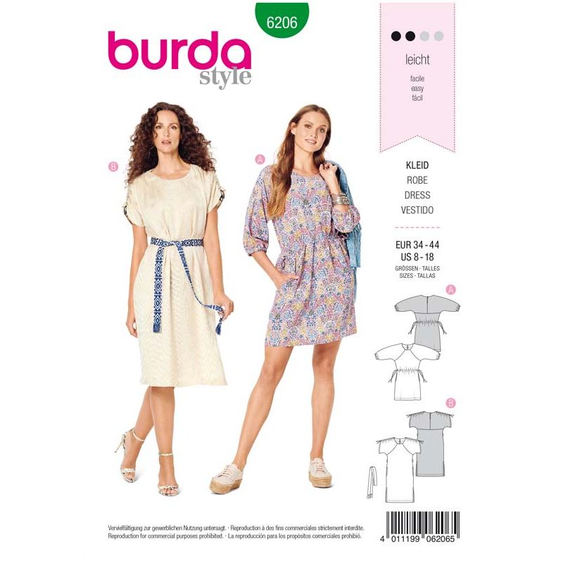 Patron Burda 6206 Young Robe Legere à Manches Raglan - Taille Coulissee