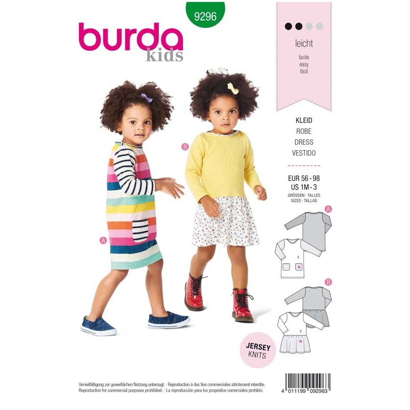 Patron Burda 9296 Baby Robe Facon Tee-shirt Avec Des Poches - Robe A Jupe Fronce