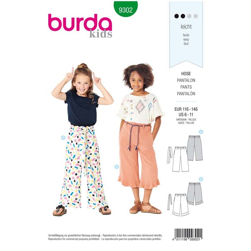 Patron Burda 9302 Kids Pantalon A Coulisse Elastiquee - Pantacourt - Longueur 7/8