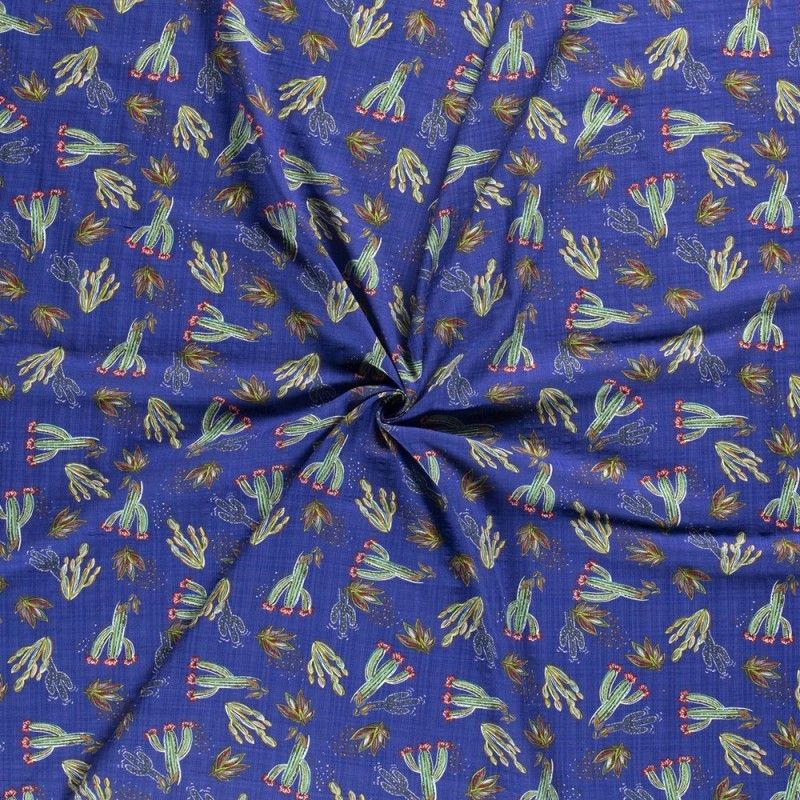 Tissu Imprimé Cactus Fond Cobalt  