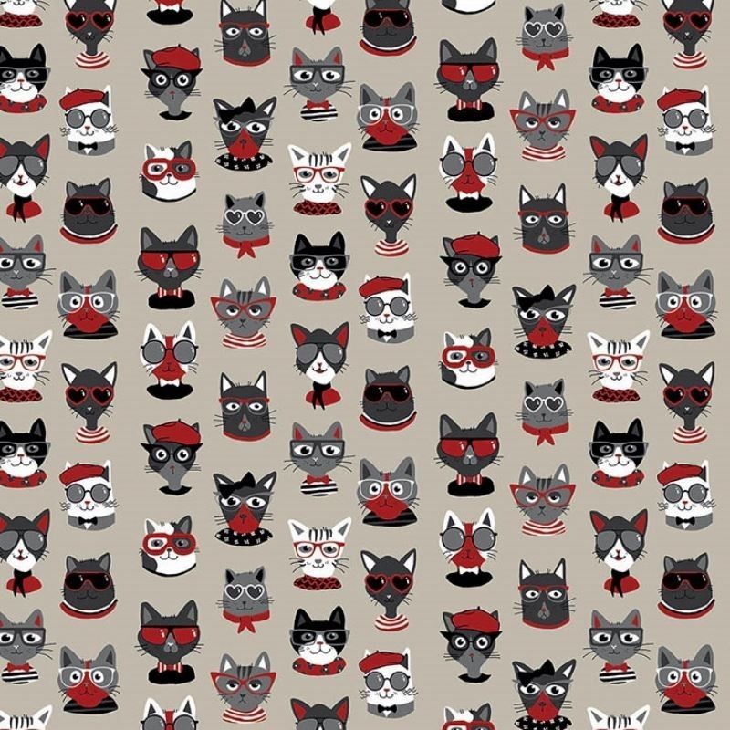 Tissu Funny Cat Toile Noir et rouge 