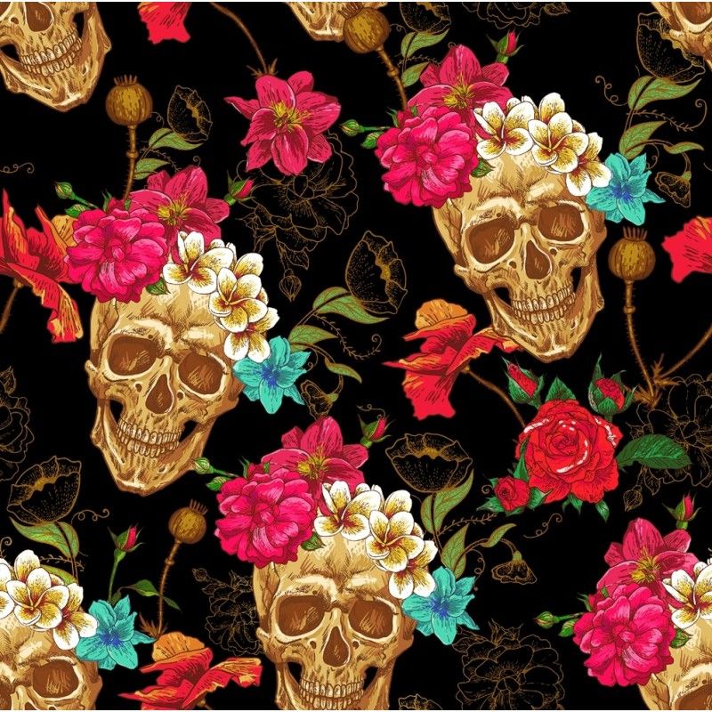 Tissu Popeline Skulls & Roses Imprimé Tête de Mort Noir
