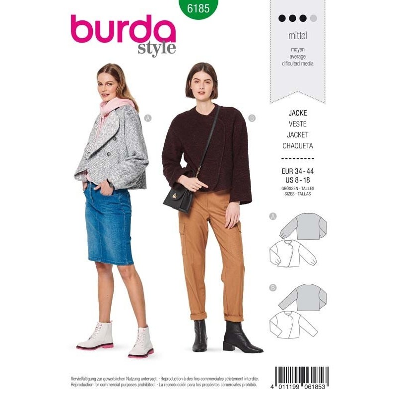 Patron Burda 6185 Veste Courte de 34 à 44