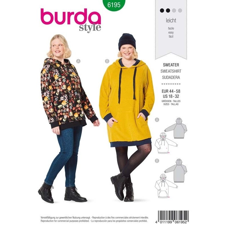 Patron Burda 6195 Sweat à Capuche de 44/46 à 56/58