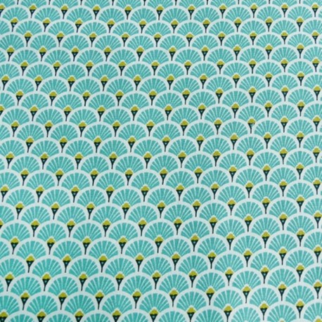 Tissu Eventails Dorés Cretonne Turquoise