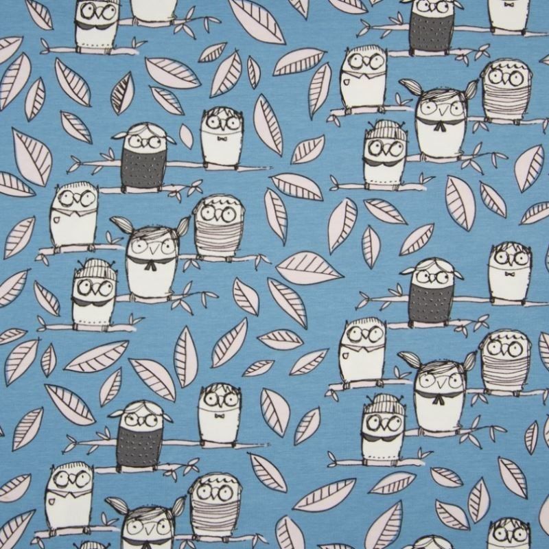 Tissu Coton Jersey Imprimé Hiboux Bleu 