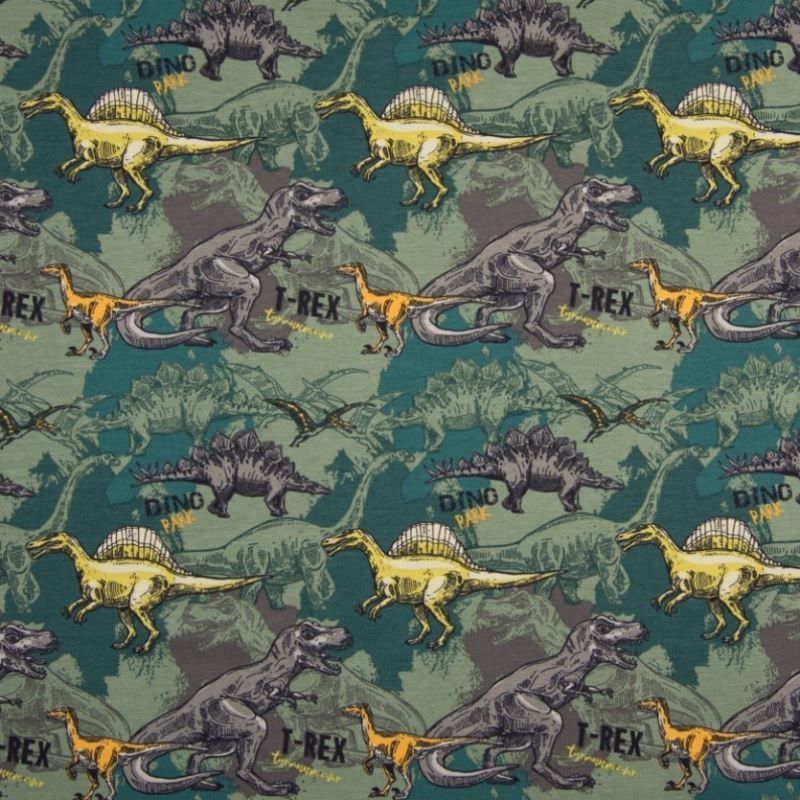 Tissu Coton Jersey Imprimé Dinosaure Vert 