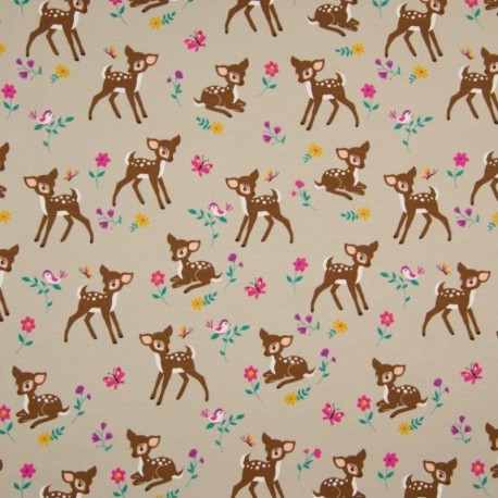 Tissu Coton Jersey Imprimé Bambi Sable