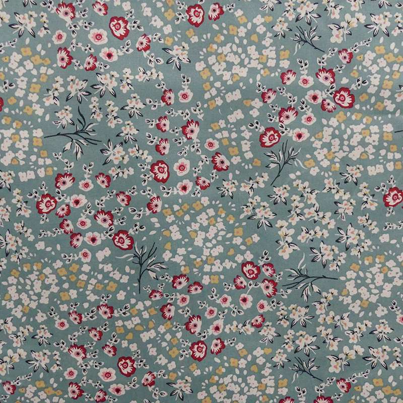 Tissu Popeline Imprime Fleur Fond Vert 