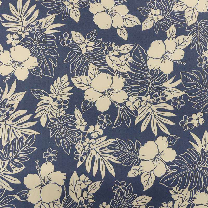 Tissu Popeline Imprime Fleur feuille Fond Bleu 