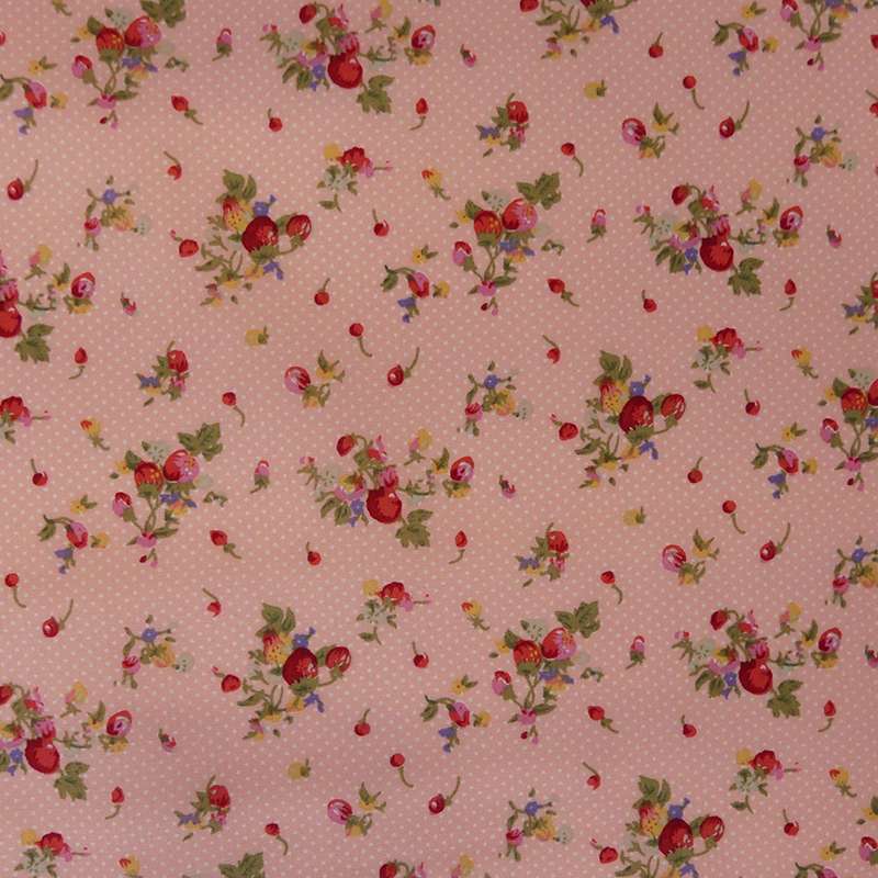 Tissu Popeline Imprime Petite Fraise Fond Rose