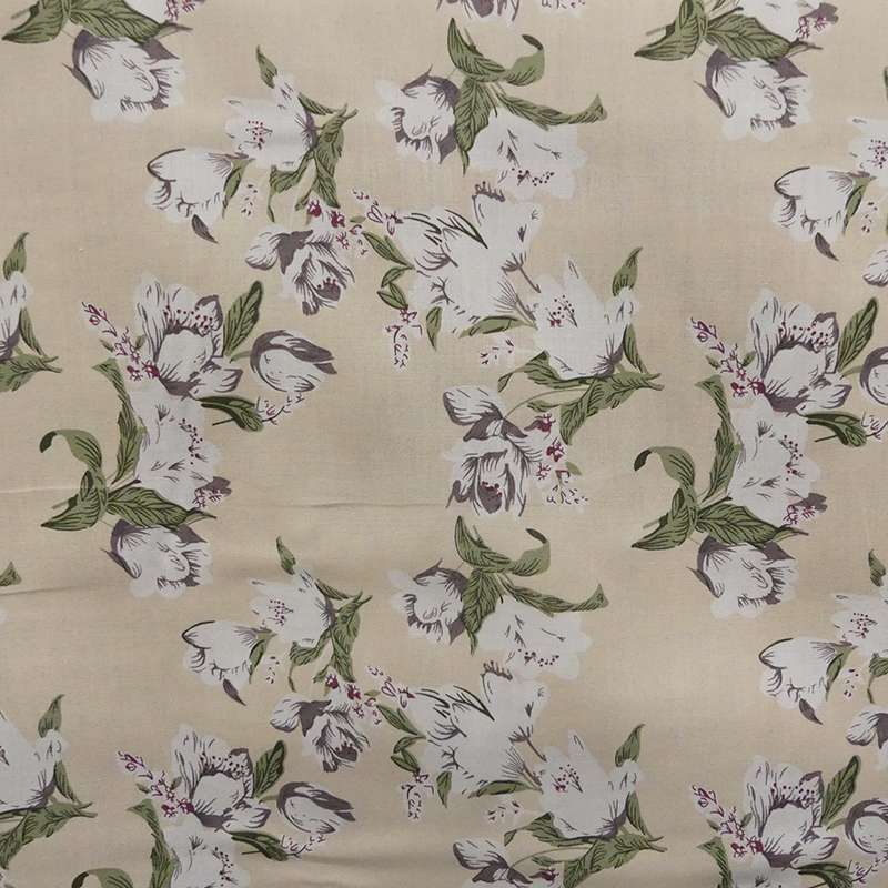 Tissu Popeline Imprime Fleur Fond Ecru 