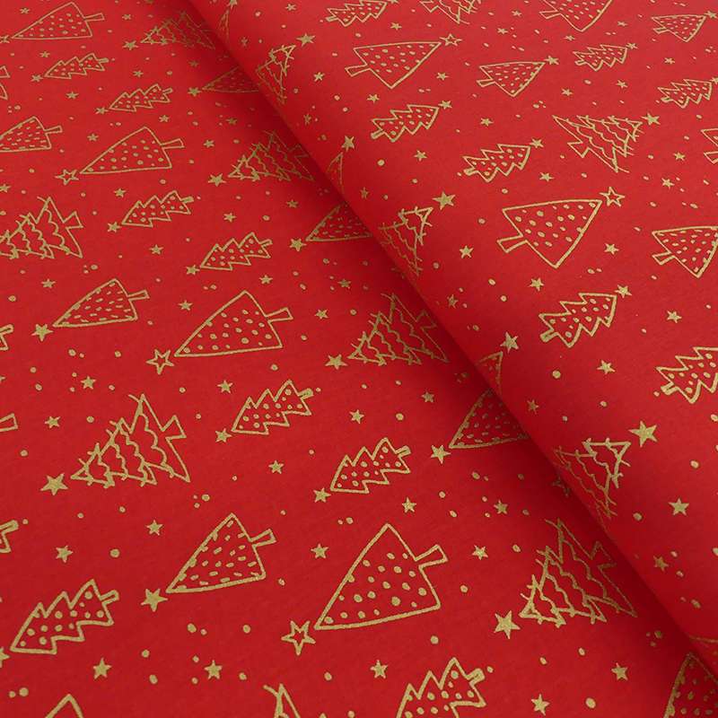 Tissu Doré Imprimé Noël sapin Fond Rouge
