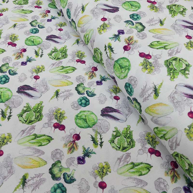Tissu Coton Imprimé Digital Potager Fond Blanc