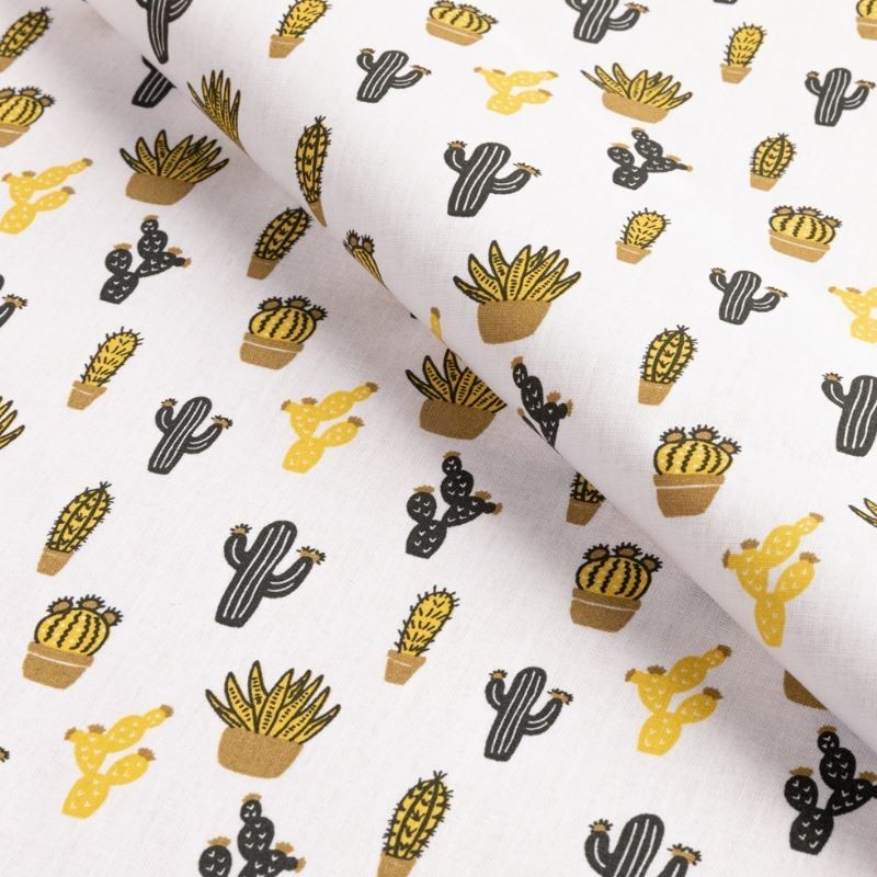 Tissu Popeline Imprimé Cactus Ocre 
