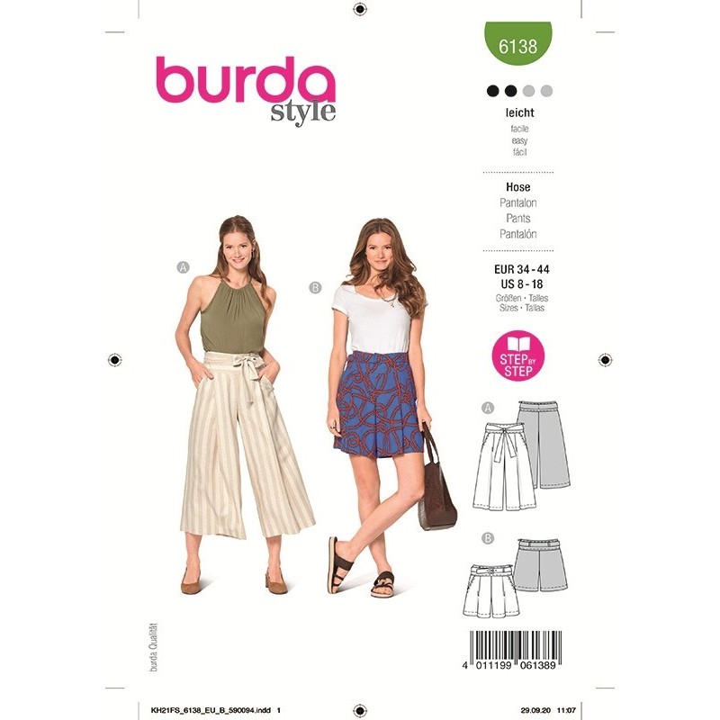 Patron Burda 6138 Jupe Culotte/short 34/44