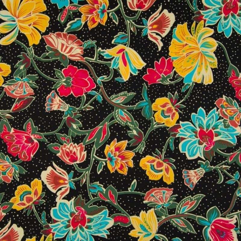 Tissu Coton Imprimé Floral Fond Noir 