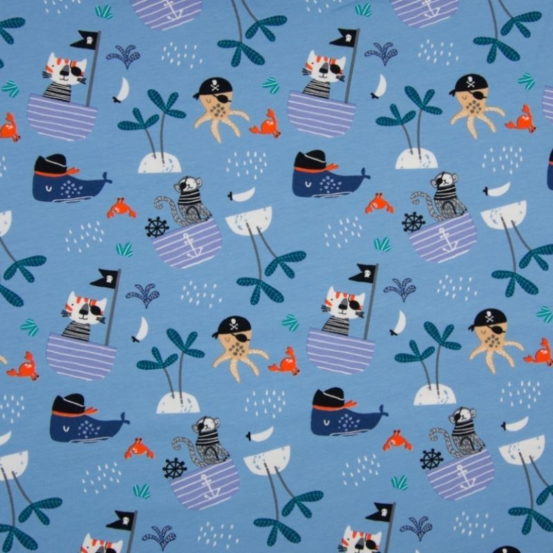 Tissu Jersey Imprimé Pirate Fond Bleu 