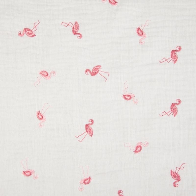 Tissu Double Gaze Brodé Flamant Rose