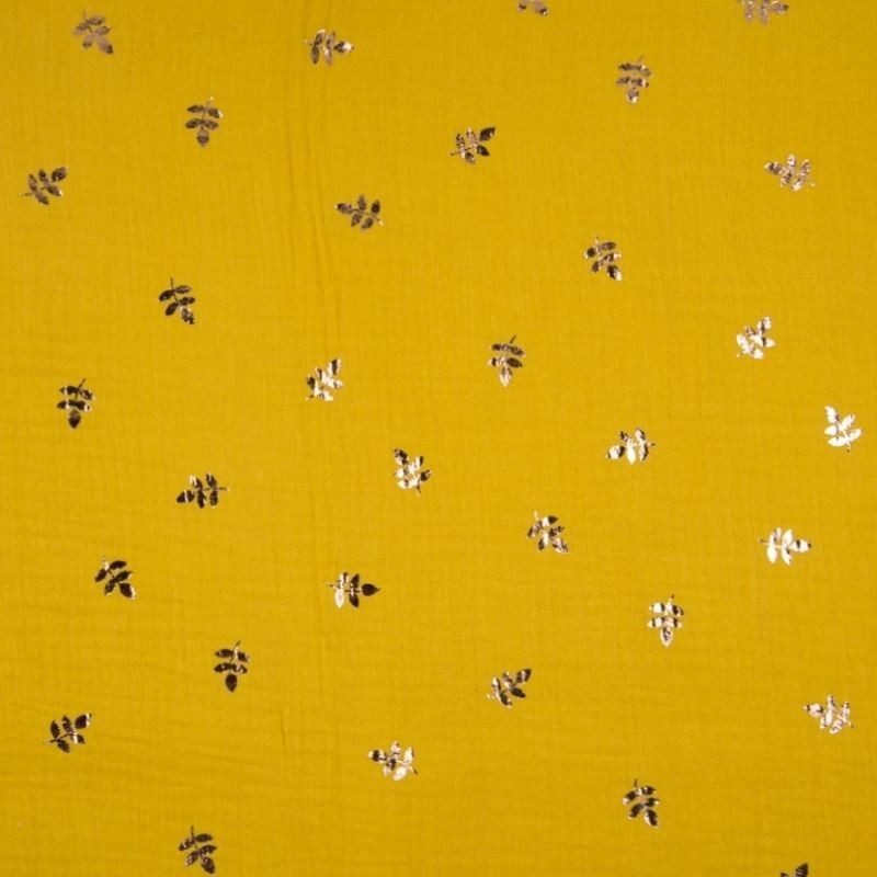 Tissu Double Gaze Foil Feuille Jaune 