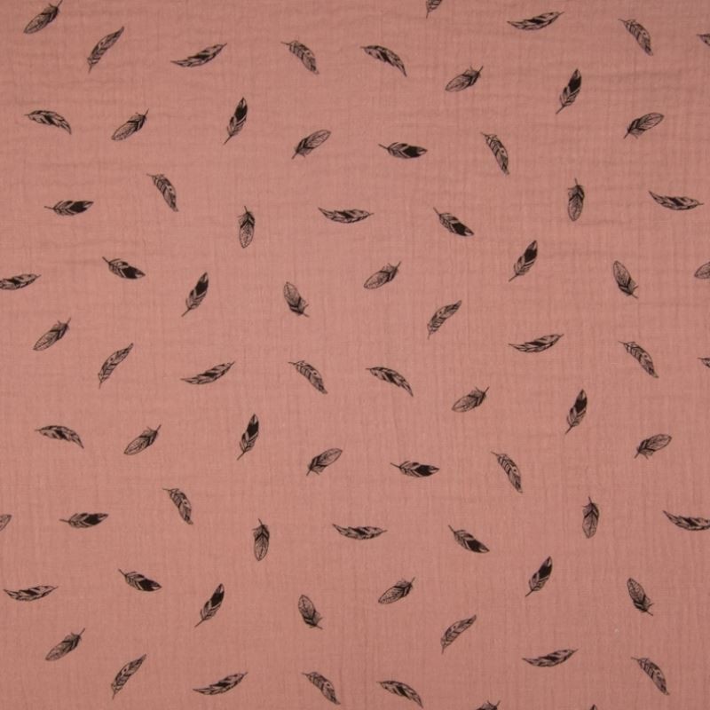 Tissu Double Gaze Imprimé Plume Vieux Rose 