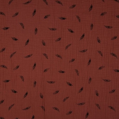 Tissu Double Gaze Imprimé Plume Marsala