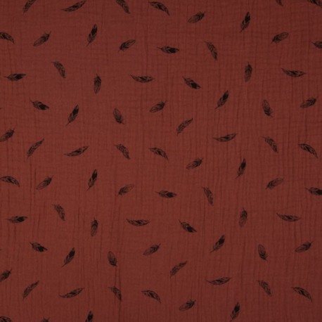 Tissu Double Gaze Imprimé Plume Marsala