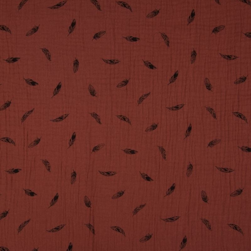 Tissu Double Gaze Imprimé Plume Marsala