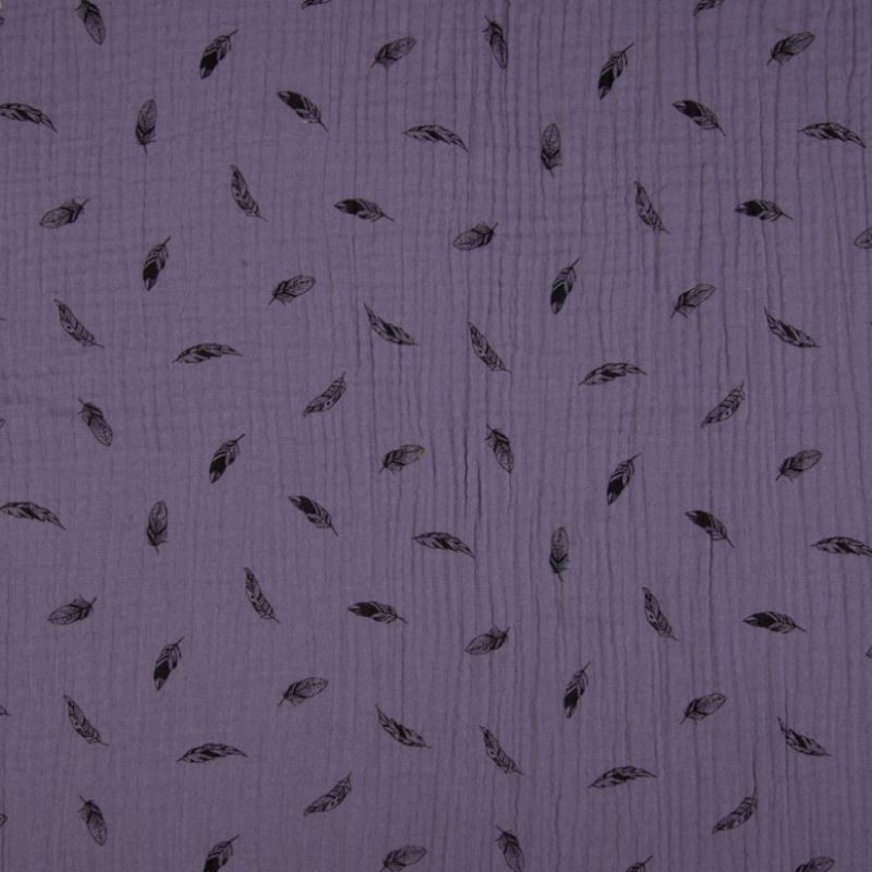 Tissu Double Gaze Imprimé Plume Lilas