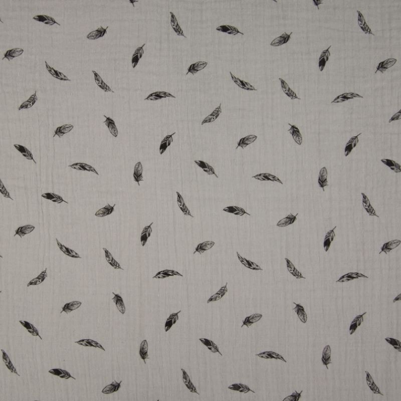 Tissu Double Gaze Imprimé Plume Gris