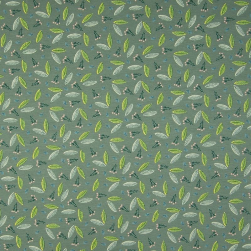 Tissu Jersey Coton Imprimé Feuillage Vert