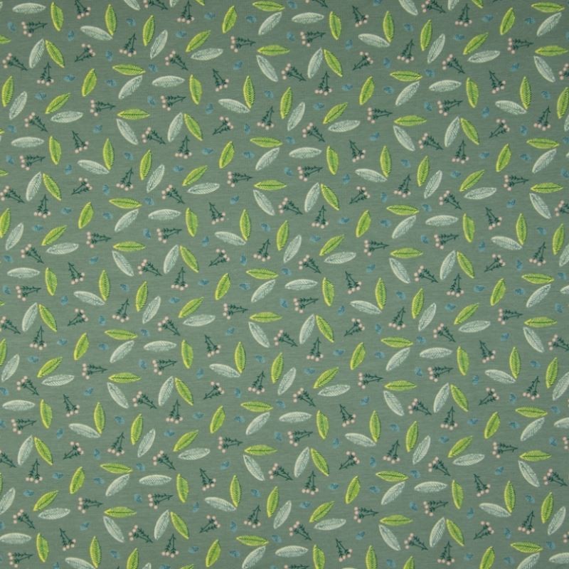 Tissu Jersey Coton Imprimé Feuillage Vert
