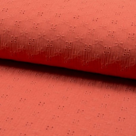 Tissu Double Gaze Brodé Orange Vif