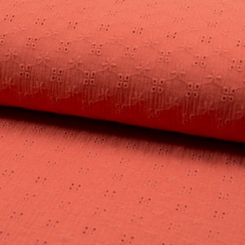 Tissu Double Gaze Brodé Orange Vif