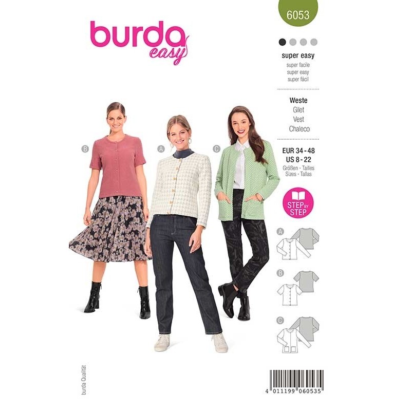 Patron Burda 6053 Cardigan Encolure Ronde 34/48