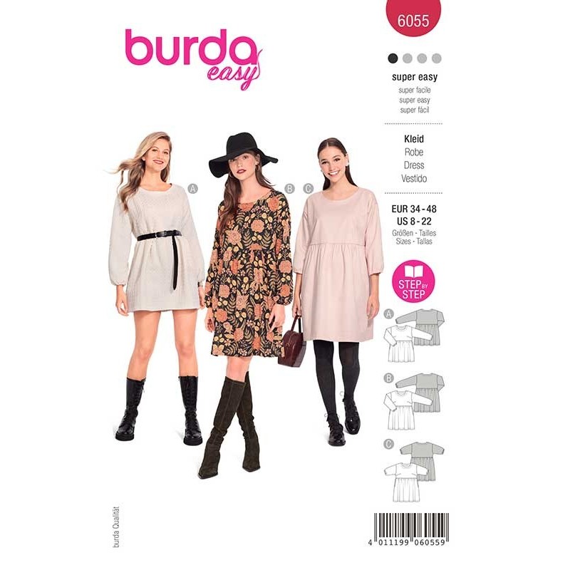 Patron Burda 6055 Robe À Jupe Froncée 34/48