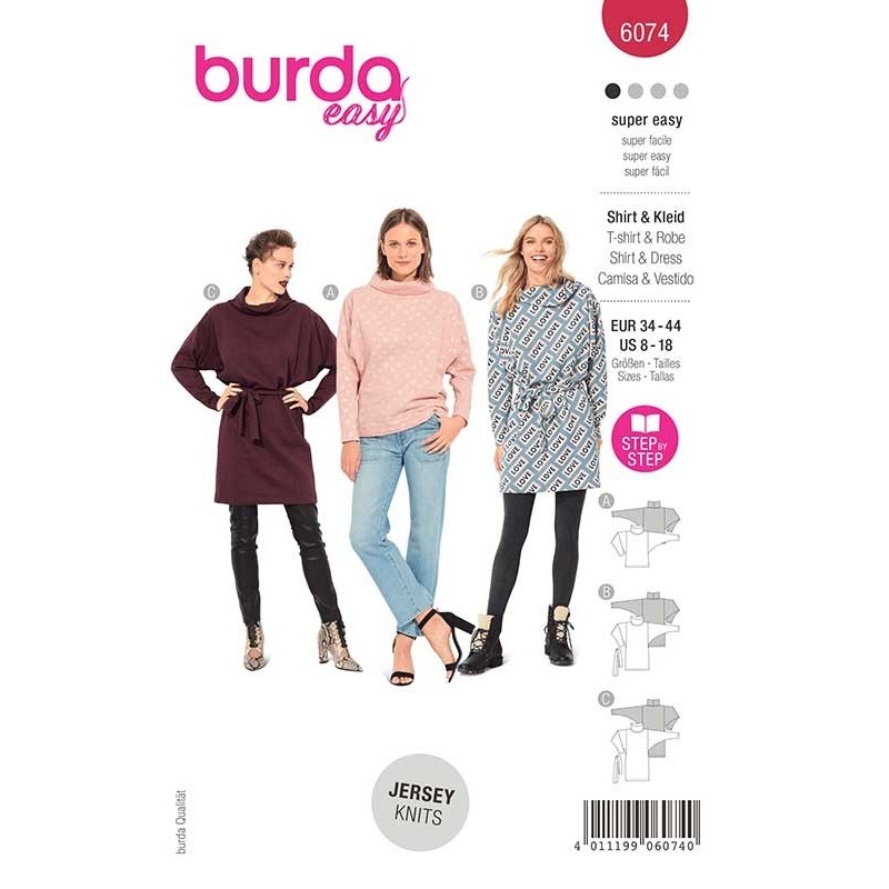 Patron Burda 6074 T Shirt/robe Col Roule 34/44