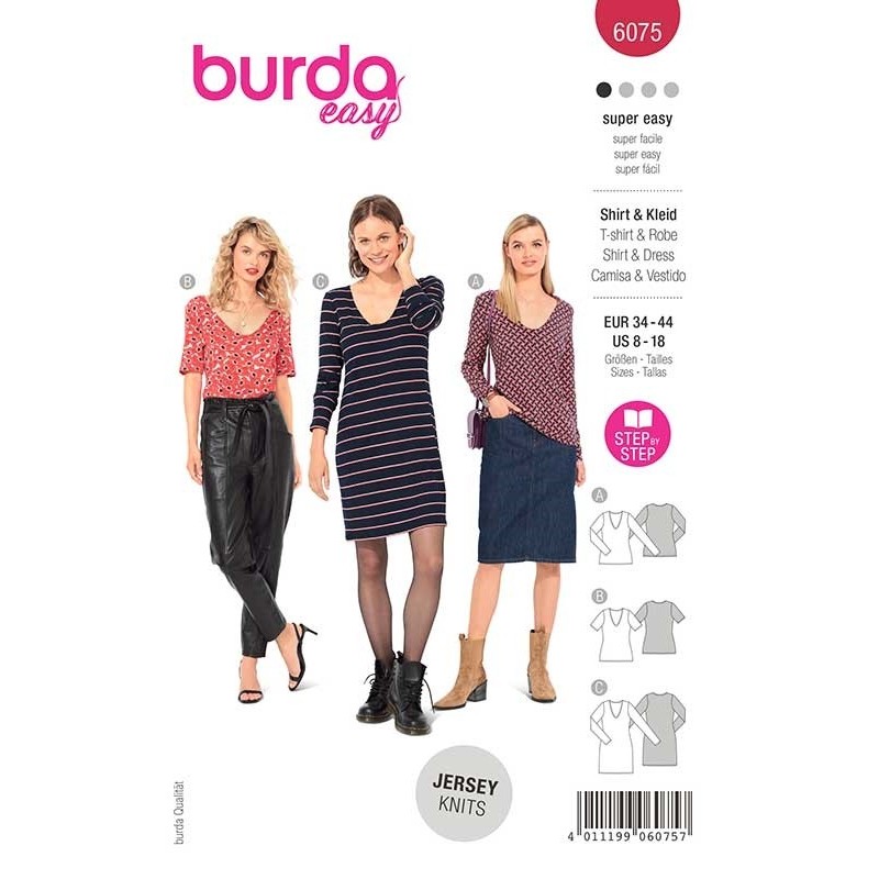 Patron Burda 6075 T Shirt/robe Col V 34/44