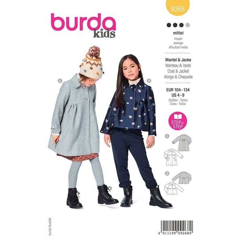 Patron Burda 9268 Kids Manteau/veste Col Claudine 104/134