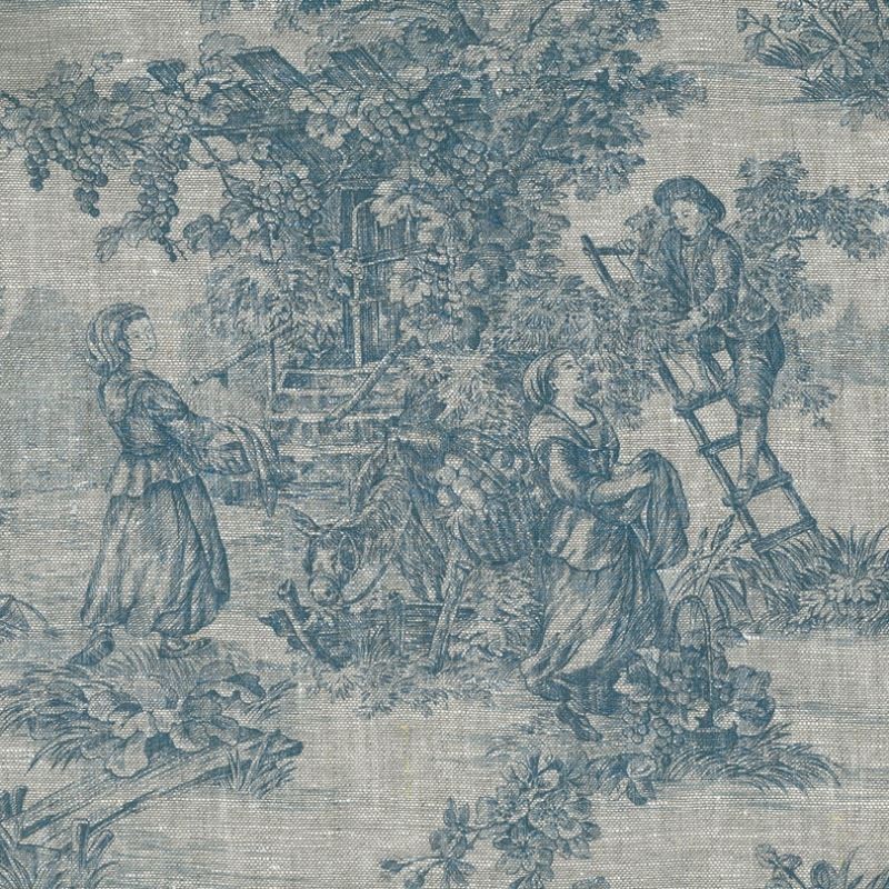 Tissu Toile De Jouy Pastorale Lin Bleu