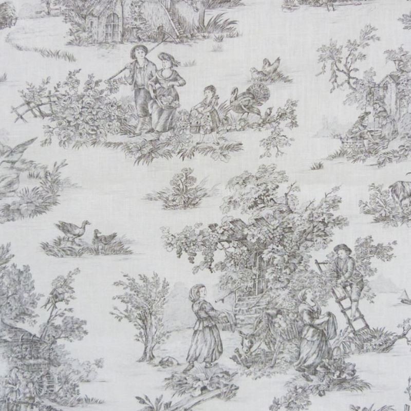 Tissu Toile De Jouy Pastorale Lin Gris