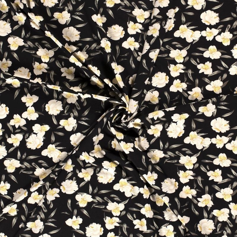 Tissu Crepe Imprimé Fleur Noir 
