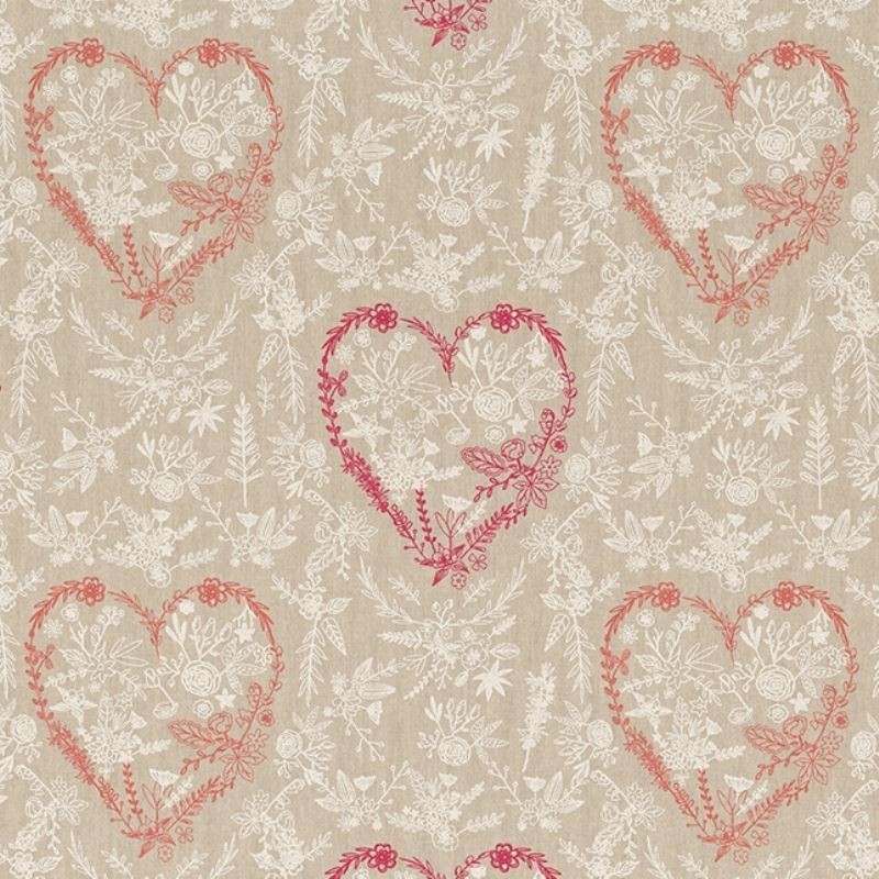 Tissu Demi Panama Coeur Rouge Fond Coloris Lin 
