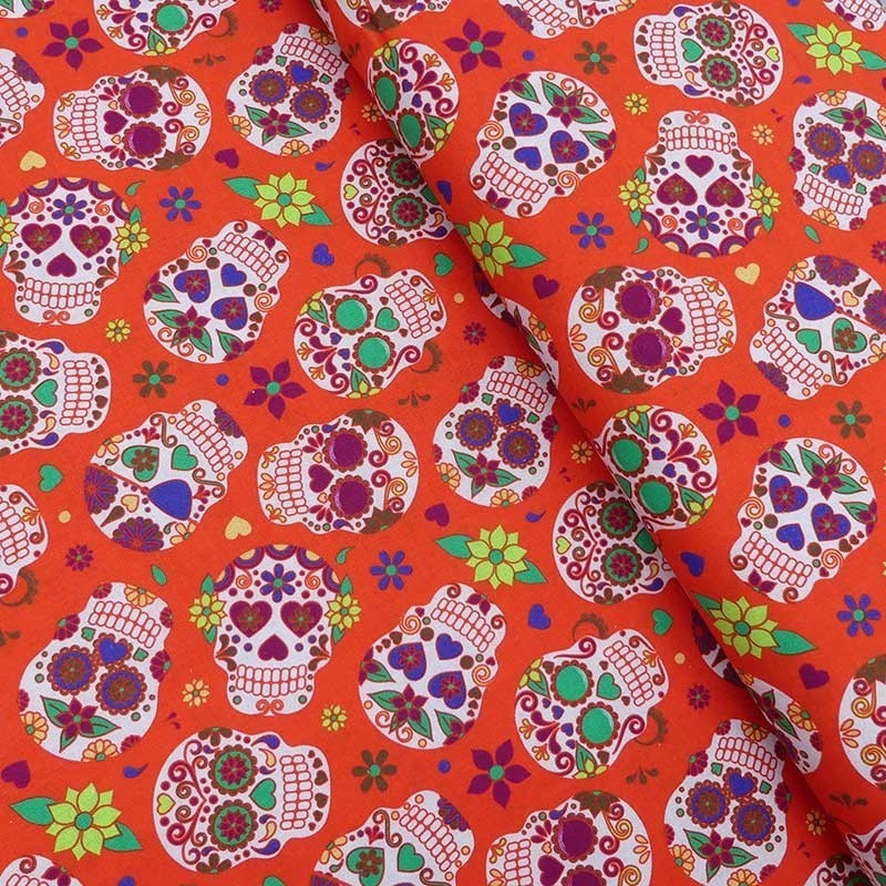 Tissu Tête De Mort Imprimé Orange 