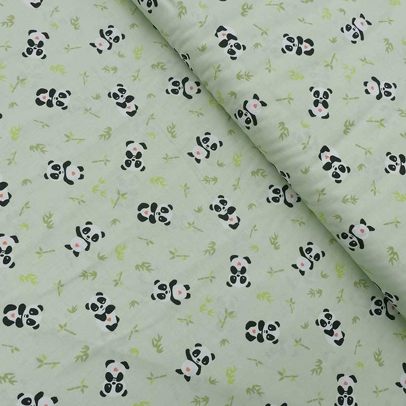 Tissu Coton Imprimé Panda Doki Vert